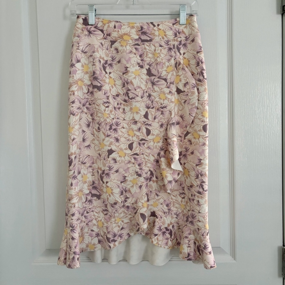 Anthropologie Pink Floral Ruffle Faux Wrap Pencil Skirt Sz 2
